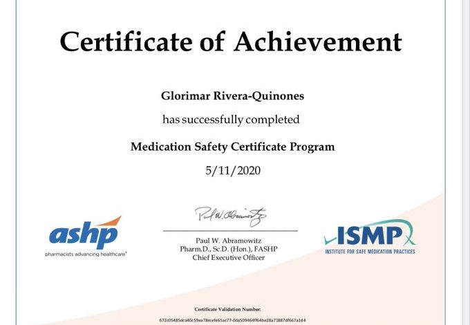 ASHP Med Safety Certificate